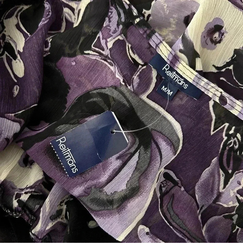 NWT Reitmans Purple Floral Smocked Blouse Size M Sheer V-Neck Peplum Top - Picture 6 of 12